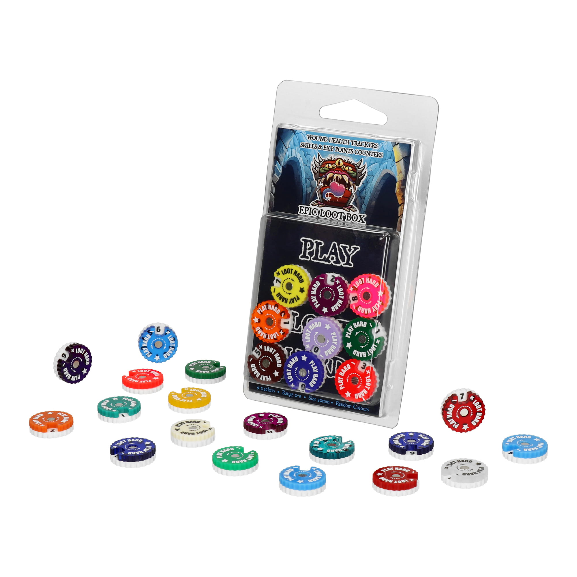 9 TRACKERS COUNTERS, RANGE 0-9, SIZE 20MM, RANDOM COLOURS