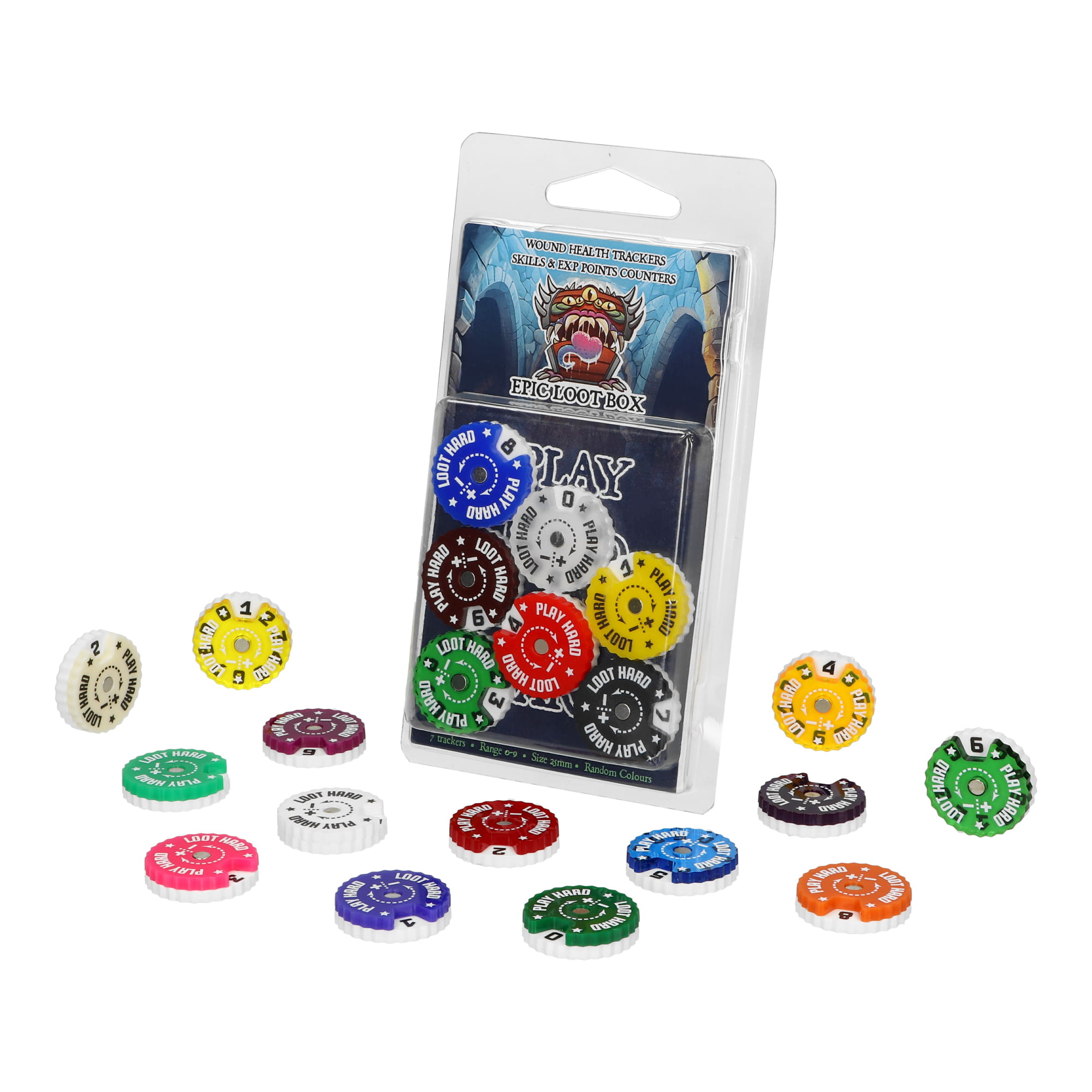 7 TRACKERS COUNTERS, RANGE 0-9, SIZE 25MM, RANDOM COLOURS
